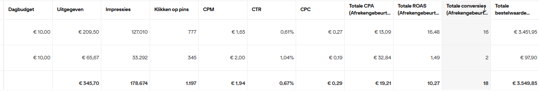 Pinterest Ads Manager van Spiegelshop: twee advertentiegroepen van 10 euro per dag