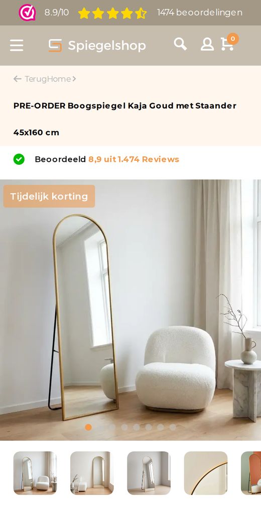 Productpagina van Spiegelshop op mobiel